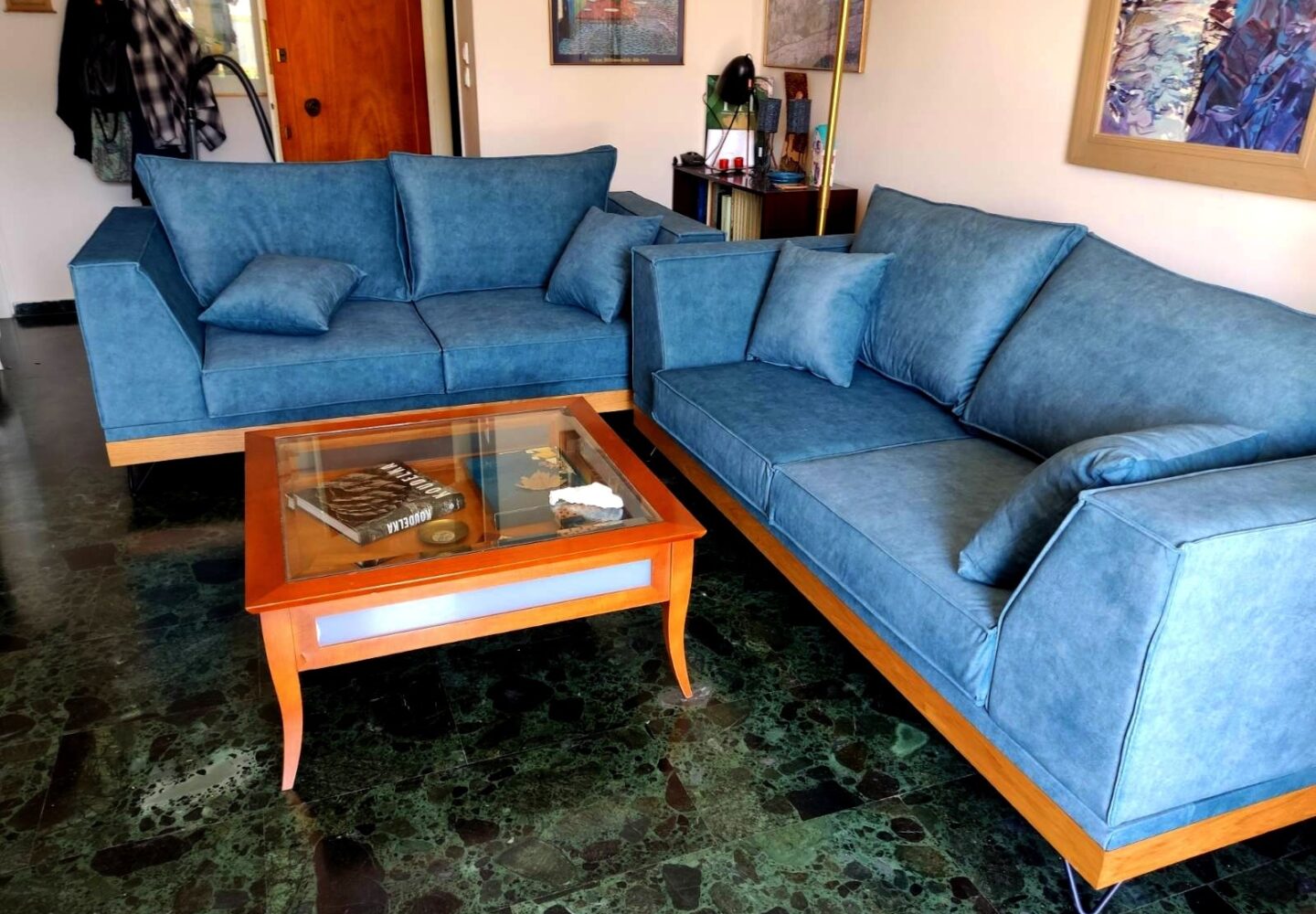 μπλε τριθέσιος - διθέσιος καναπές